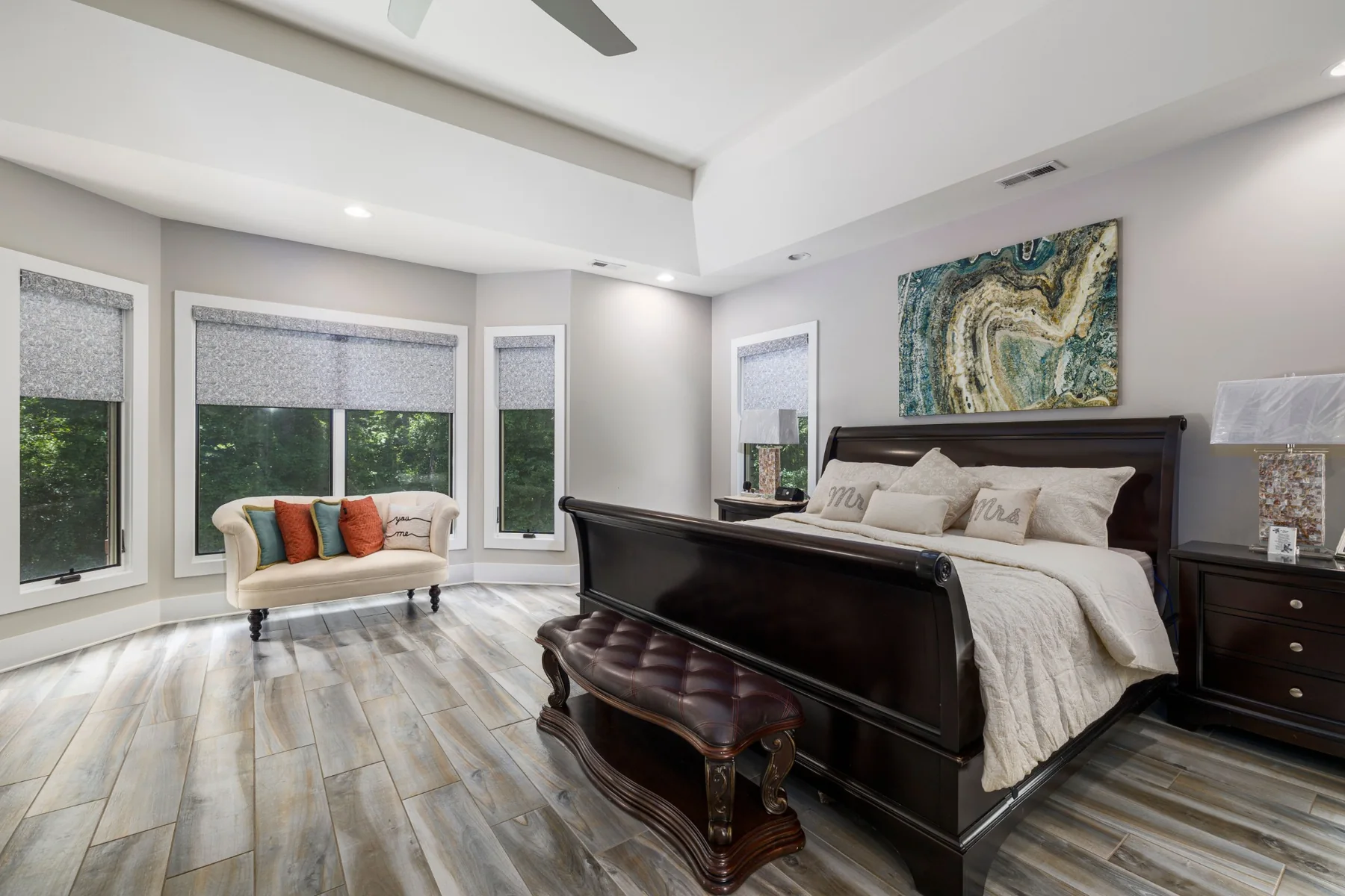 Custom patterned shades installed in a South Florida bedroom